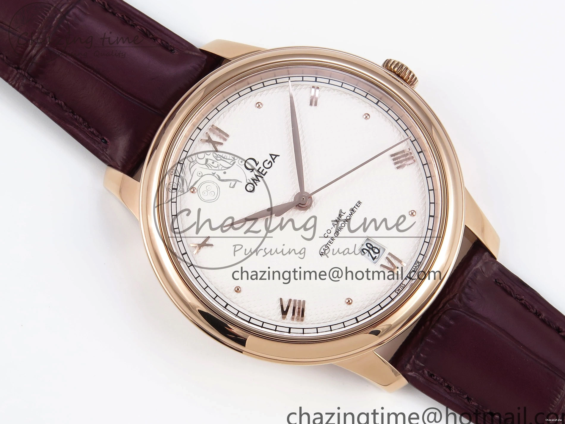 0203 Modern De Ville Date RG MKF 1:1 Best Edition White Textured Dial Roman Marker on Brown Leather Strap A 7752